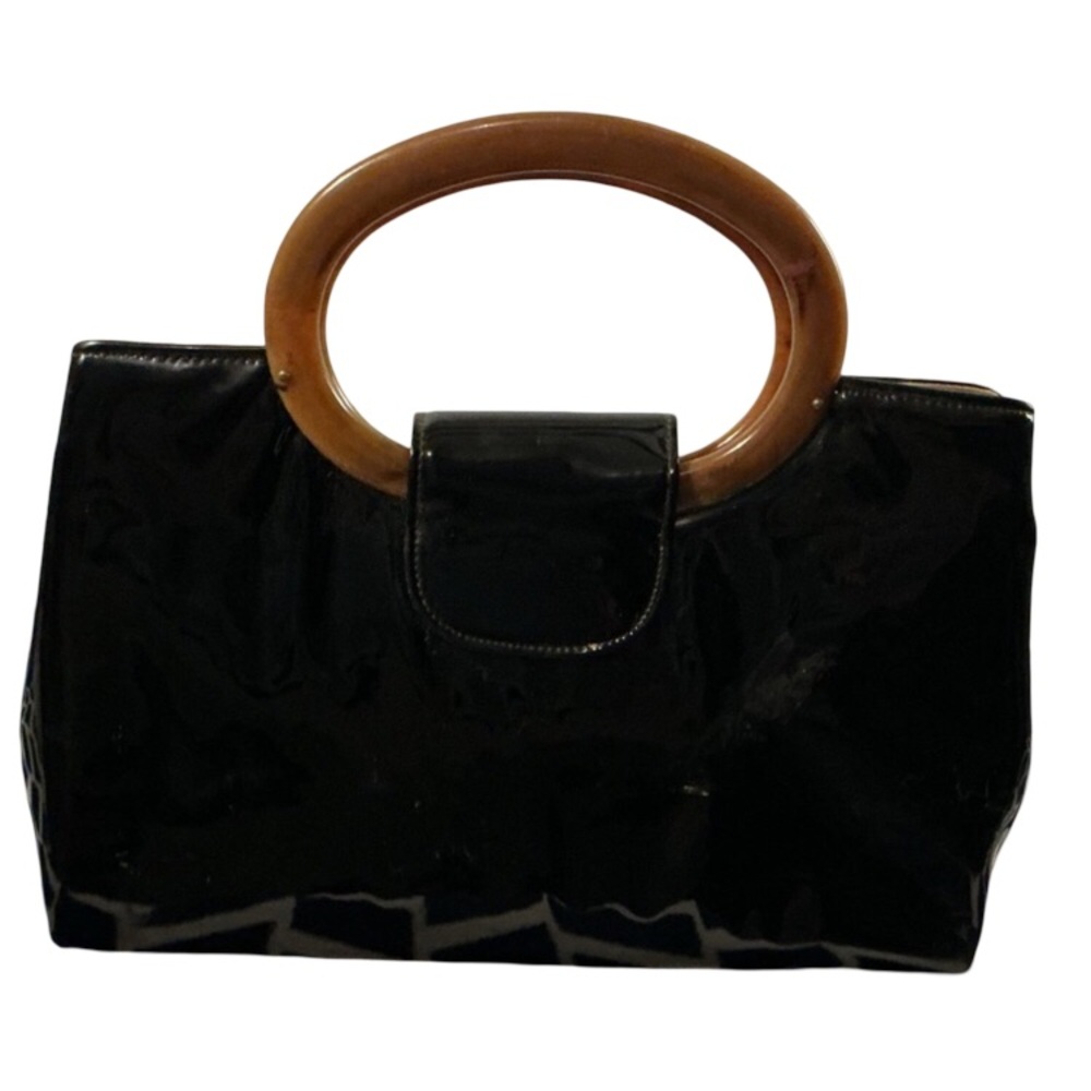 1960s vintage Black Patent Tote with Brown Resin Handles - Women's Bag